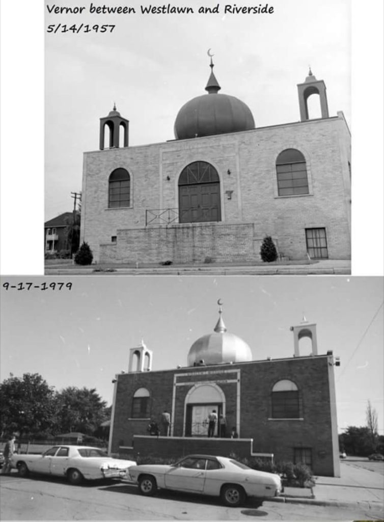 Two stacked photos of the AMS building exterior. The top is dated May 14, 1957 and the bottom is dated September 17, 1979, showing the evolution of the structure over two decades